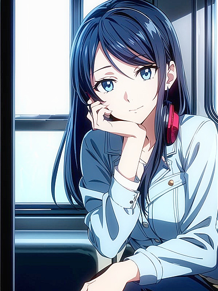 Wearing Headphones and a Sport Bra While Touching Her Face in Seductive Hentai AI Image