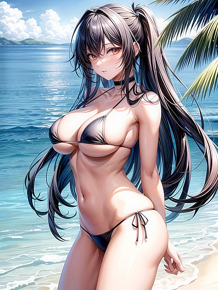 Black-Haired Beauty in Bikini Gets Wild on the Beach in Steamy Hentai AI Image