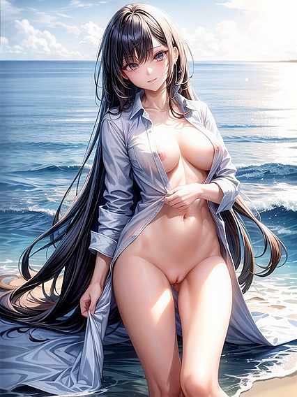 Black-Haired Beauty in Revealing Outfit Takes Center Stage in Hentai Wallpaper