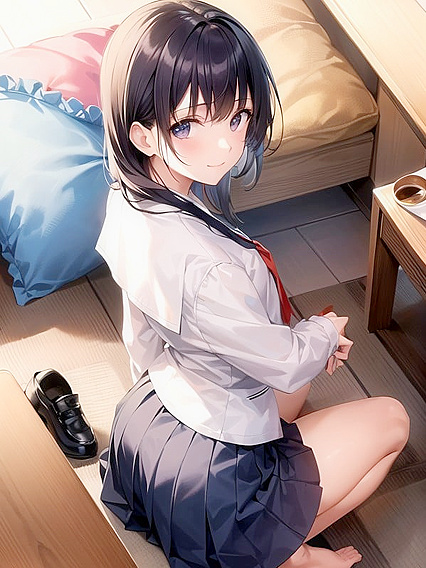 Black-Haired Beauty Takes Control in Top-Down Bed Image