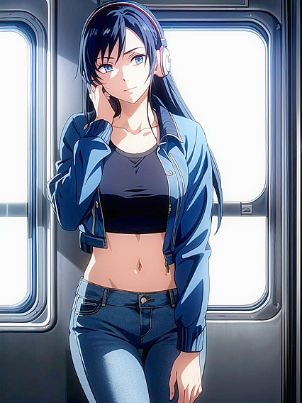 Black-Haired Beauty Wearing Headphones in Sensual Hentai AI Image