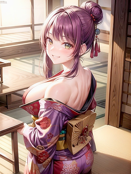 Kimono-clad Beauty with Hair Ribbon Entices on Tatami in Seductive Hentai AI Image