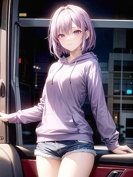 Girl 18+ in Hoodie and Jeans Shorts Stares Intensely at Viewer in Steamy Hentai AI Image