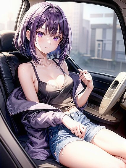 Skinny Girl 18+ with Purple Hair and Tiny 18+ Tits in Seductive Hentai AI Image
