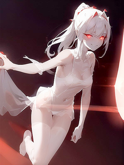 Red Light Glowing Through Her Body in Ethereal White Floating Hentai AI Image