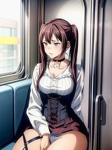 Blouse Clad Beauty Shows Off Seductive Tan Lines in Crowded Hentai AI Image
