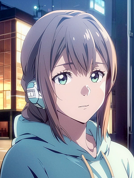 Girl 18+ in Hoodie with Headphones Enjoying Intense Hentai Pleasure