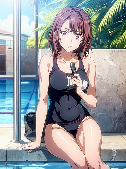 Black-Haired Beauty Shows Off Tan Lines by the Pool in Steamy Hentai AI Image