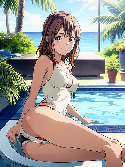 Solo Swimsuit Seduction by the Pool in Steaming Hentai AI Image