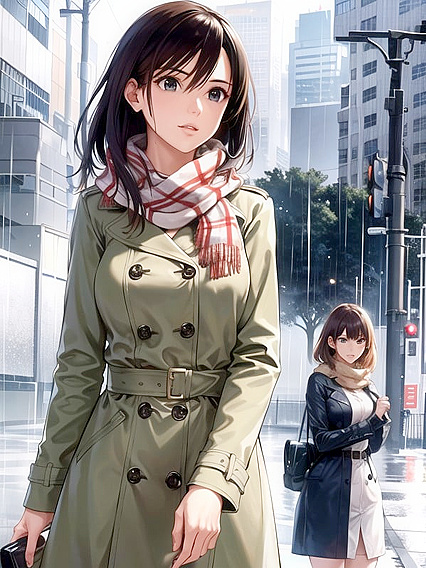Colorful Manga Fantasy - Seductive Woman in Scarf and Trench Coat Hentai Pleasure