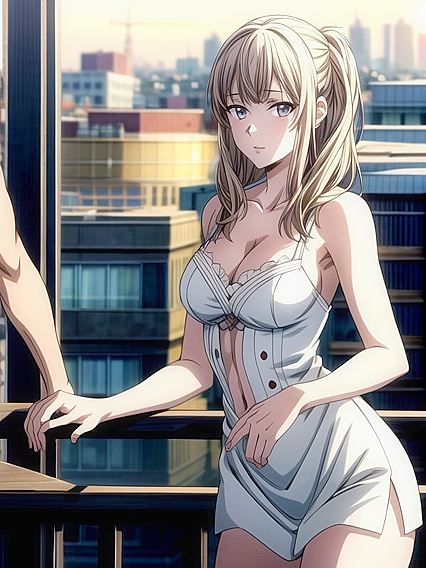 Screencaps of Luscious Cleavage on the Balcony in Steaming Hentai AI Image