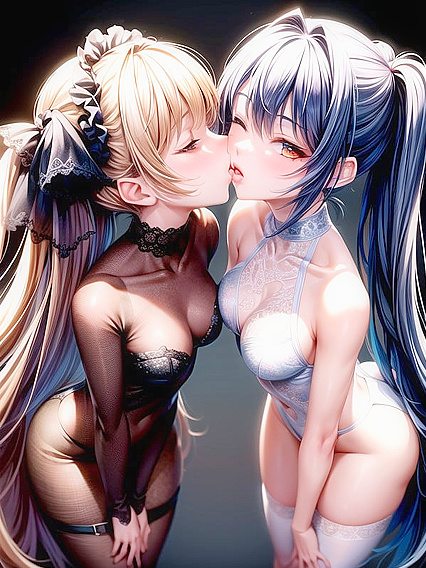 Intense Lesbian Kissing Image in Vibrant Hentai Wallpapers