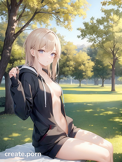 Naked Girl 18+ in Just a Hoodie Exploring Pleasure at the Park in Hentai Hentai AI Image