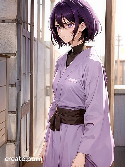 in Black Hair and Purple Outfit Seduces You in Steamy Hentai AI Image