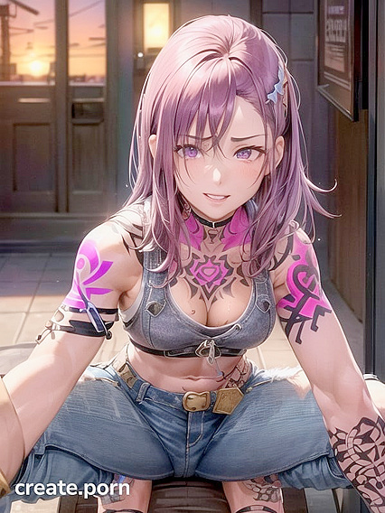 Top-Down View - Sexy Girl 18+ in Purple Jeans Takes It All in Hentai AI Image
