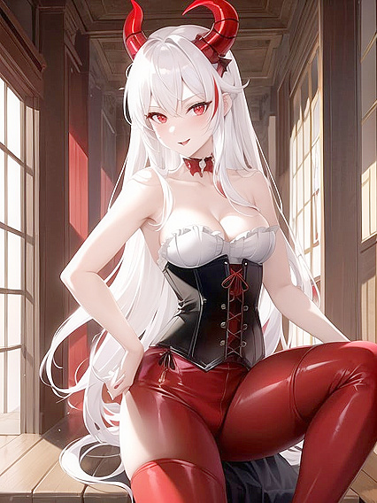 White-Haired Devil-Tailed Submissive Girl 18+ in Seductive Hentai AI Image