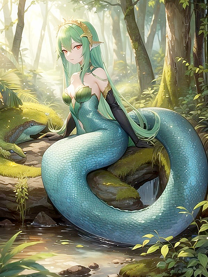 Mermaid with Small Breasts Entwines Snake in Seductive Hentai Pleasure
