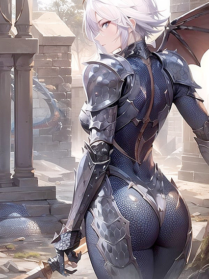 Armored Dragon Scales Cover Dragon Warrior in Ancient Battlefield Ruins Hentai'action