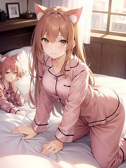 Cozy Night In - Playful Poses in Pajamas Amidst Soft Pillows and Warm Lights Hentai Hentai AI Image