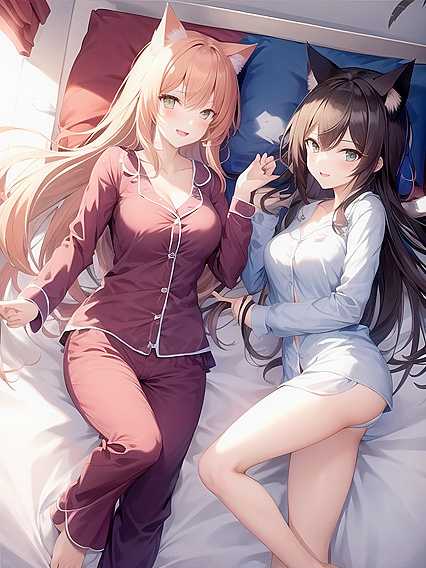 Two Playful Cat Girl 18+s in High-Res Dynamic Poses for Hot Hentai AI Image