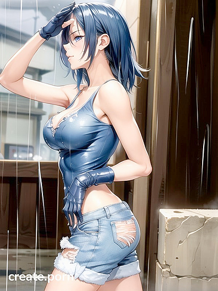Grabbing Boobs and Pubic Hair in Seductive Jean Shorts Hentai AI Image
