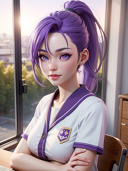 Stares into Camera Amidst Sunny Classroom Views in Seductive Hentai AI Image