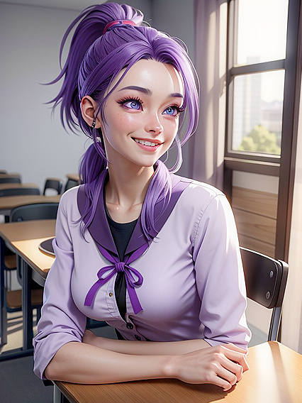 Sunlit Classroom Romance - Smiling Beauty with Purple Eyes in Seductive Hentai AI Image