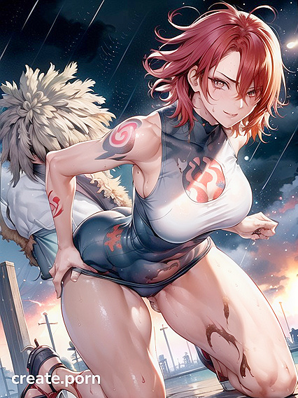 Red-Haired Babe with Tattoos Gets Wild in Messy Hairstyle Hentai AI Image