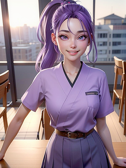 Happy Girl 18+ with Purple Eyes and Ponytail in Steamy Hentai AI Image