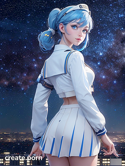 Blue-Eyed Girl 18+ inWhite Sailor Collar Poses Amidst Starlit Cityscape