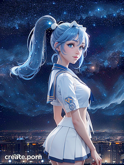Blue-Eyed Girl 18+ in White Blue Sailor Uniform Stares at Starlit Cityscape