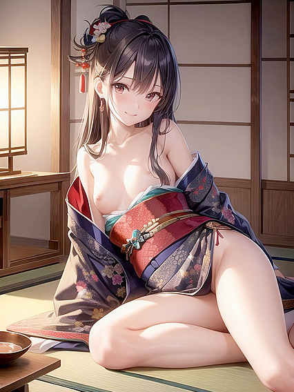 Sensual Kimono Clad Beauty Sits Seductively on Tatami Mats in Hot Hentai AI Image