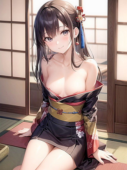 Kimono-Wearing Beauty Gets Happy in Seductive Sitting Down Hentai AI Image