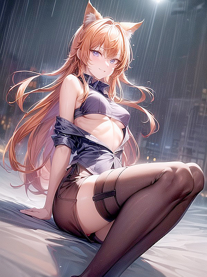 in Thigh-High Socks Gets Soaked in Rainy Hentai AI Image