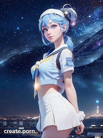 Blue-Eyed Girl 18+ in White Blue Sailor Uniform Stares at Starlit Cityscape