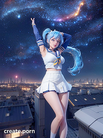 Blue-Haired Girl 18+ in Sailor Uniform Dances Under the Starlit Cityscape