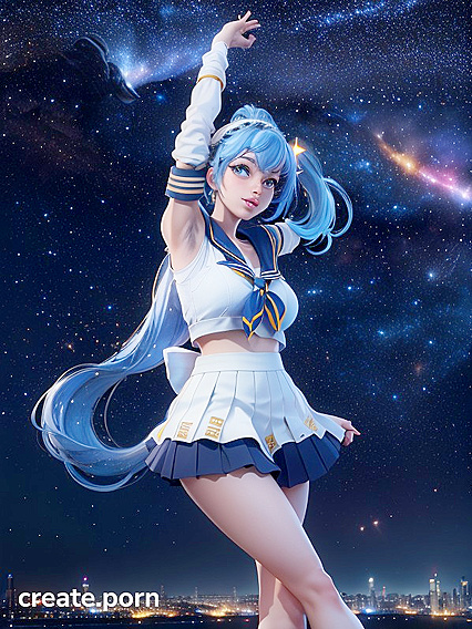 Blue-Haired Girl 18+ in Sailor Uniform Dances Among Skyscrapers Under Starlit NightSky