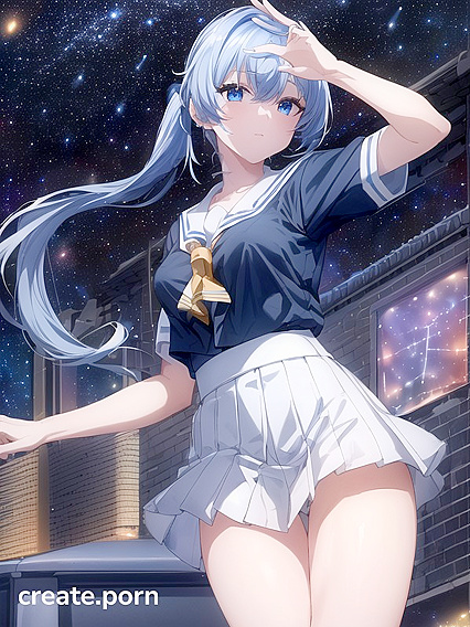 Starry Night - Small-Assed Girl 18+ in School Uniform Stares at Cityscape