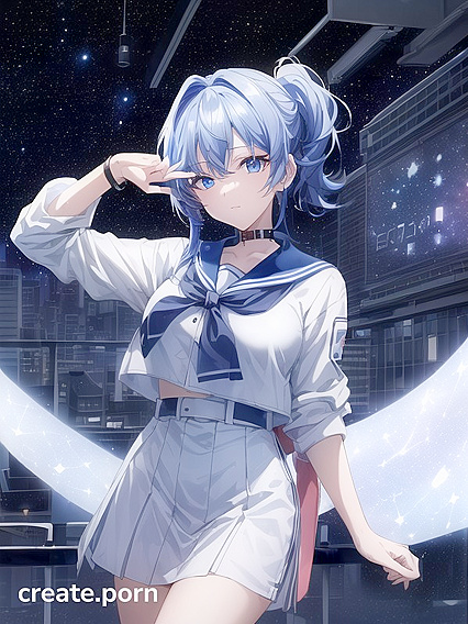 Ri in Her School Uniform Stares at the Starlit Cityscape with Sparkling Blue Eyes