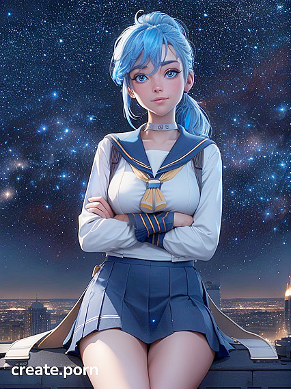 Blue-Haired Girl 18+ in Sailor Uniform Poses Amidst Starlit Cityscape