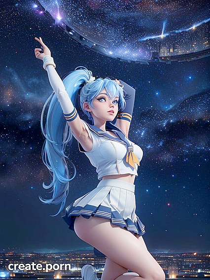 Blue-Haired Girl 18+ in Sailor Uniform Dances Under the Starlit Cityscape