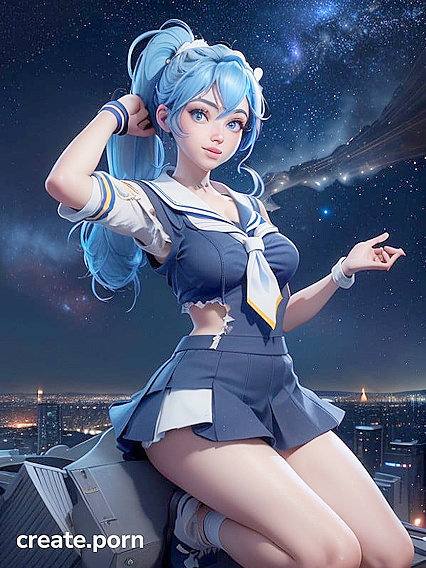 Blue-Haired Girl 18+ in Sailor Uniform Dances Under Starlit Cityscape Skies