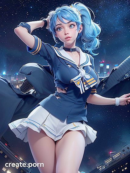 Blue-Haired Girl 18+ in Sailor Uniform Dances Under Starlit Cityscape at Night