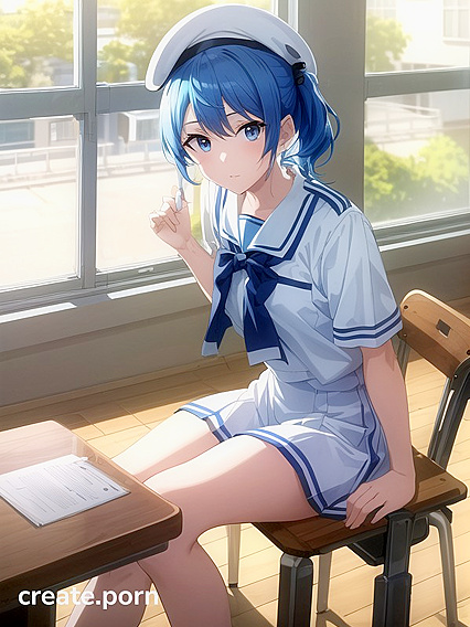 Short Blue-Haired Beauty with Ponytail in Absurdly Detailed Hentai AI Image