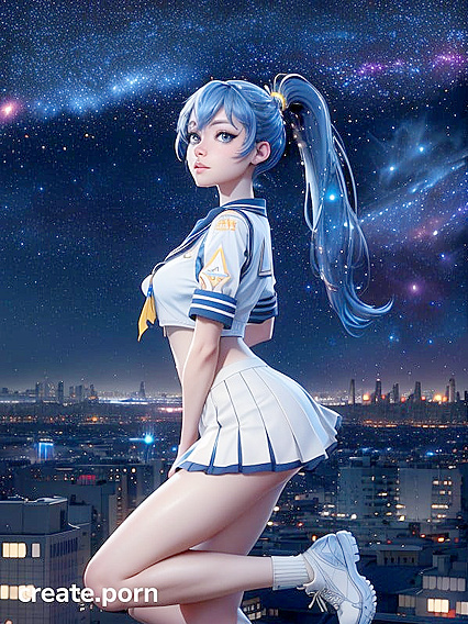 Blue-Eyed Girl 18+ in Sailor Uniform Poses Amidst Starlit Urban Skyline