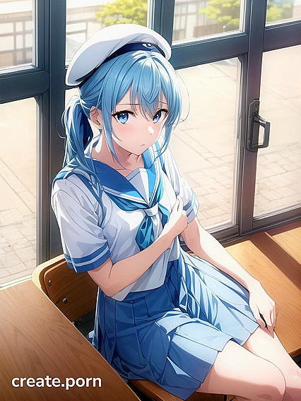 Bored Blue-Eyed Girl 18+ with Light Blue Hair Seduces in School Classroom Hentai Hentai AI Image