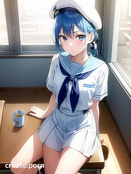 Sailor with Aquatic-Blue Hair Teased in Light Blue Uniform for Steamy Hentai Pleasure