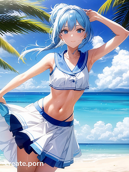 Light Blue Haired Cutie in Bikini Shows Off Her Small Breasts in Hentai AI Image