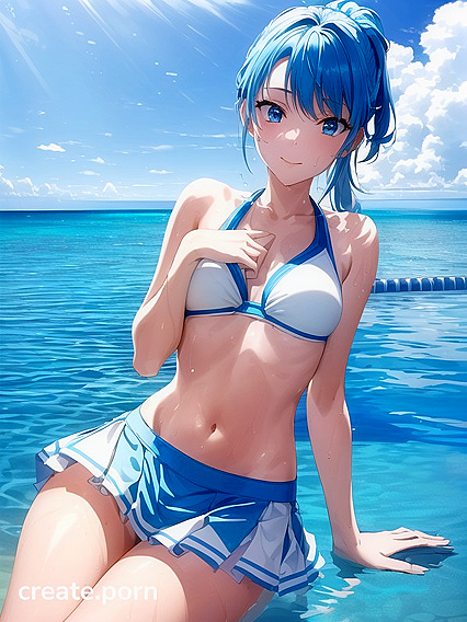 Aquatic Blue-Haired Beauty with Short Ponytail Teases in Absurdres Hentai AI Image