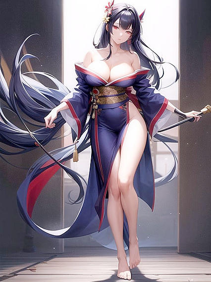 Ultra-Detailed Hentai AI Porn - Seductive Girl 18+ in Short Blue Kimono with Floral Cleavage Delights